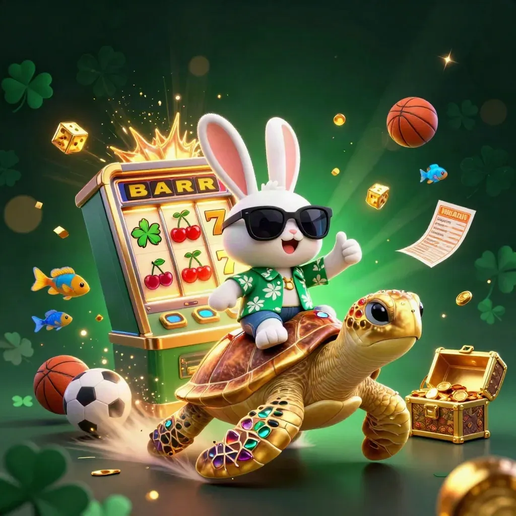 Lucky rabbit rides a gold turtle as casino symbols burst in a dramatic neon key art scene.