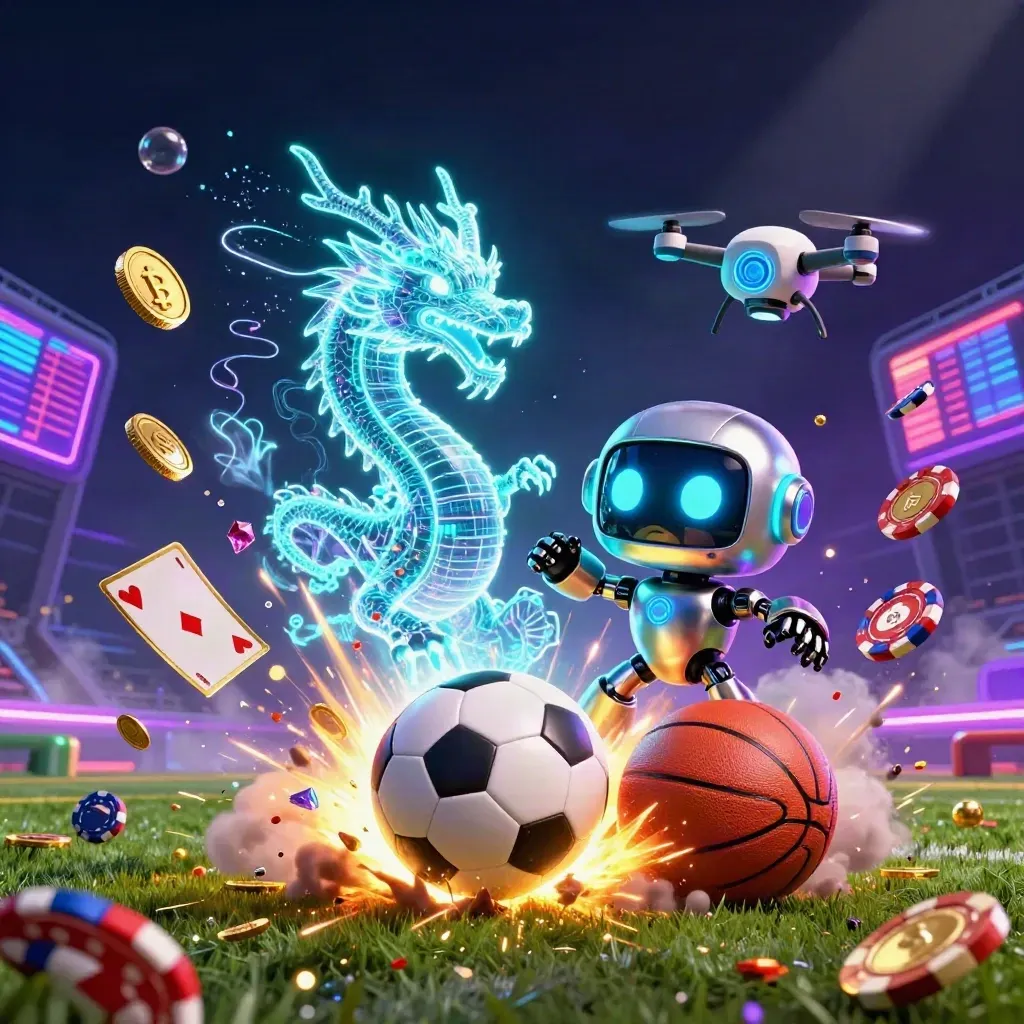Robot mascot, holographic dragon, and coins burst around a soccer ball in neon casino style.