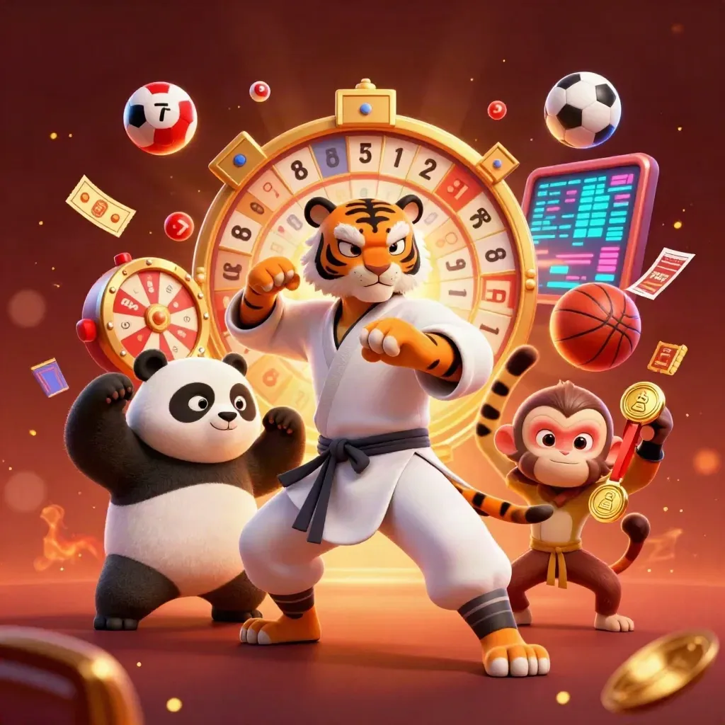 Tiger, panda and monkey amid casino props, lottery balls and glowing sports gear on a fiery backdrop.