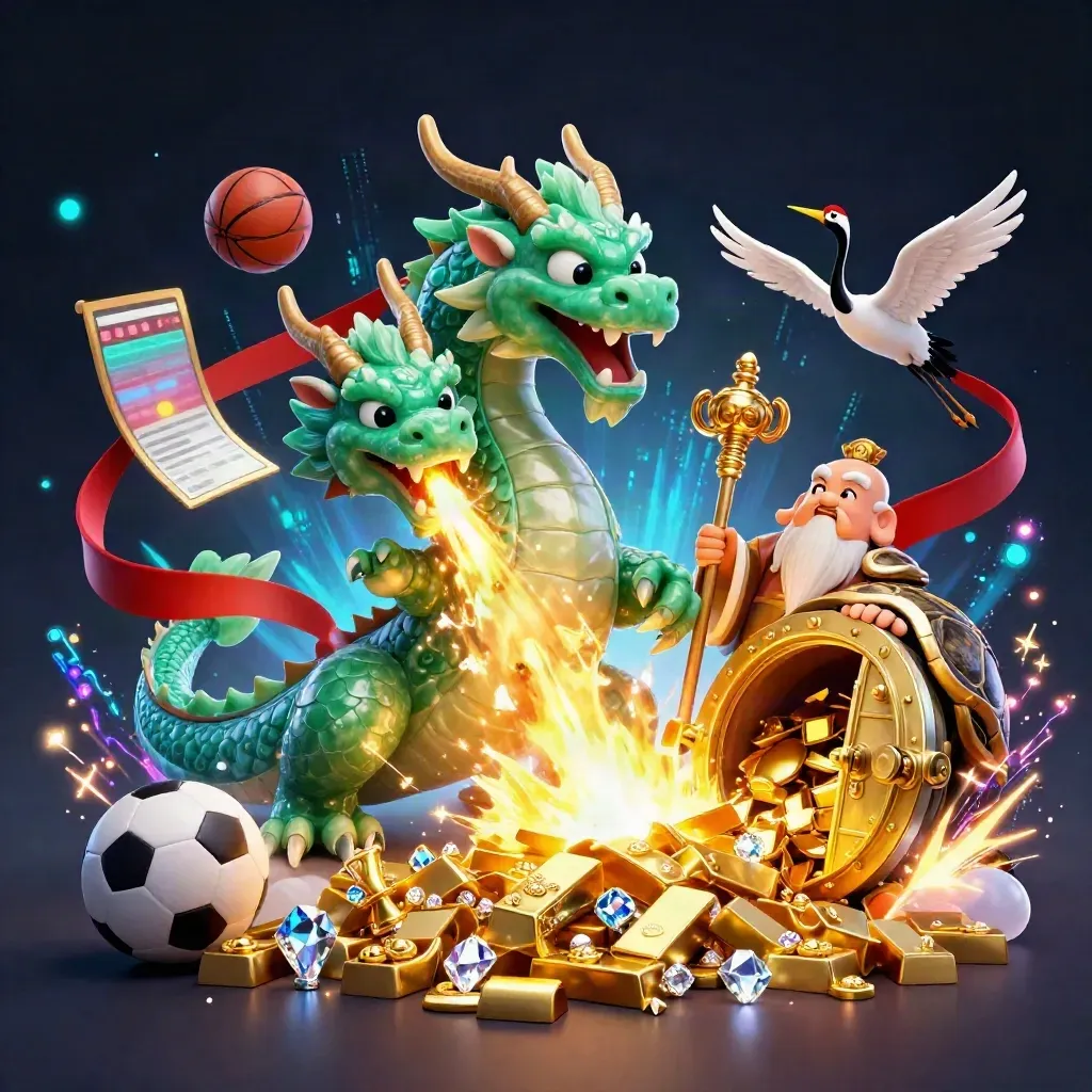 Dragon, turtle sage, cranes, vault, gold, balls, neon effects in a dark casino scene.