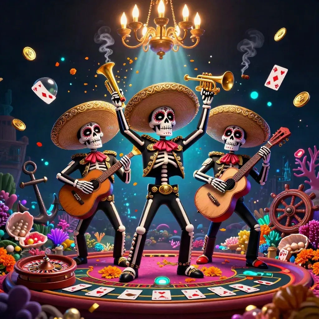 Day-of-the-Dead skeleton mariachi trio in a neon treasure-casino cove with confetti and roulette wheel