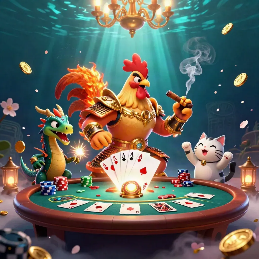 Rooster warrior, dragon hatchling, and fortune-cat amid a glowing luxe casino scene.