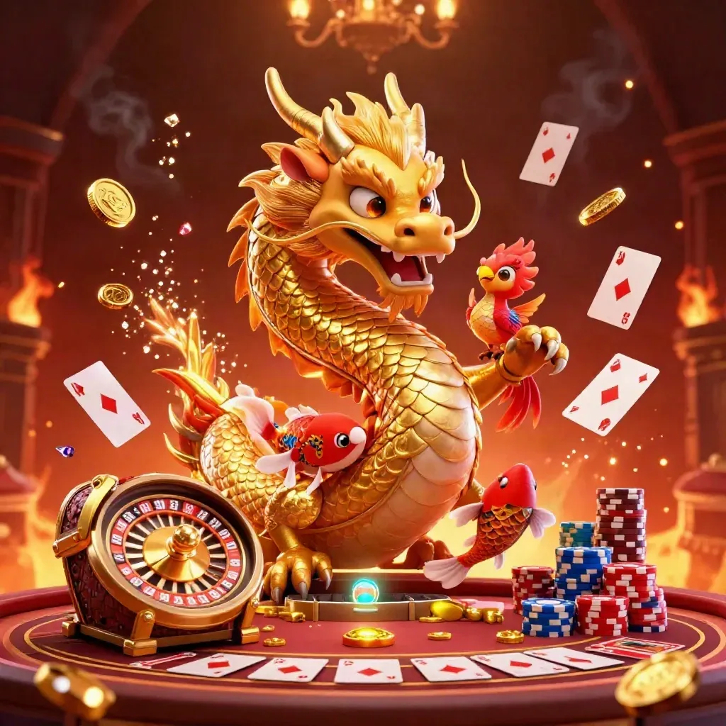 Golden dragon, phoenix and koi amid casino chips, coins, cards and a spinning roulette wheel.