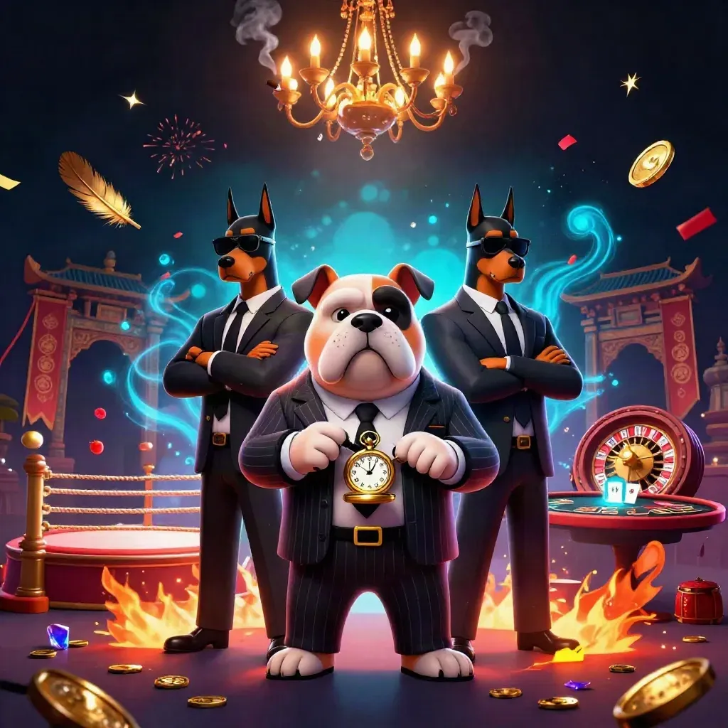 Bulldog boss with two Dobermans in a neon casino scene with cards, roulette, and glowing effects