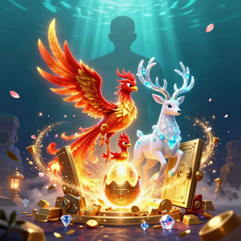 Phoenixes and a crystalline stag burst from a glowing treasure vault under neon cyan rays.