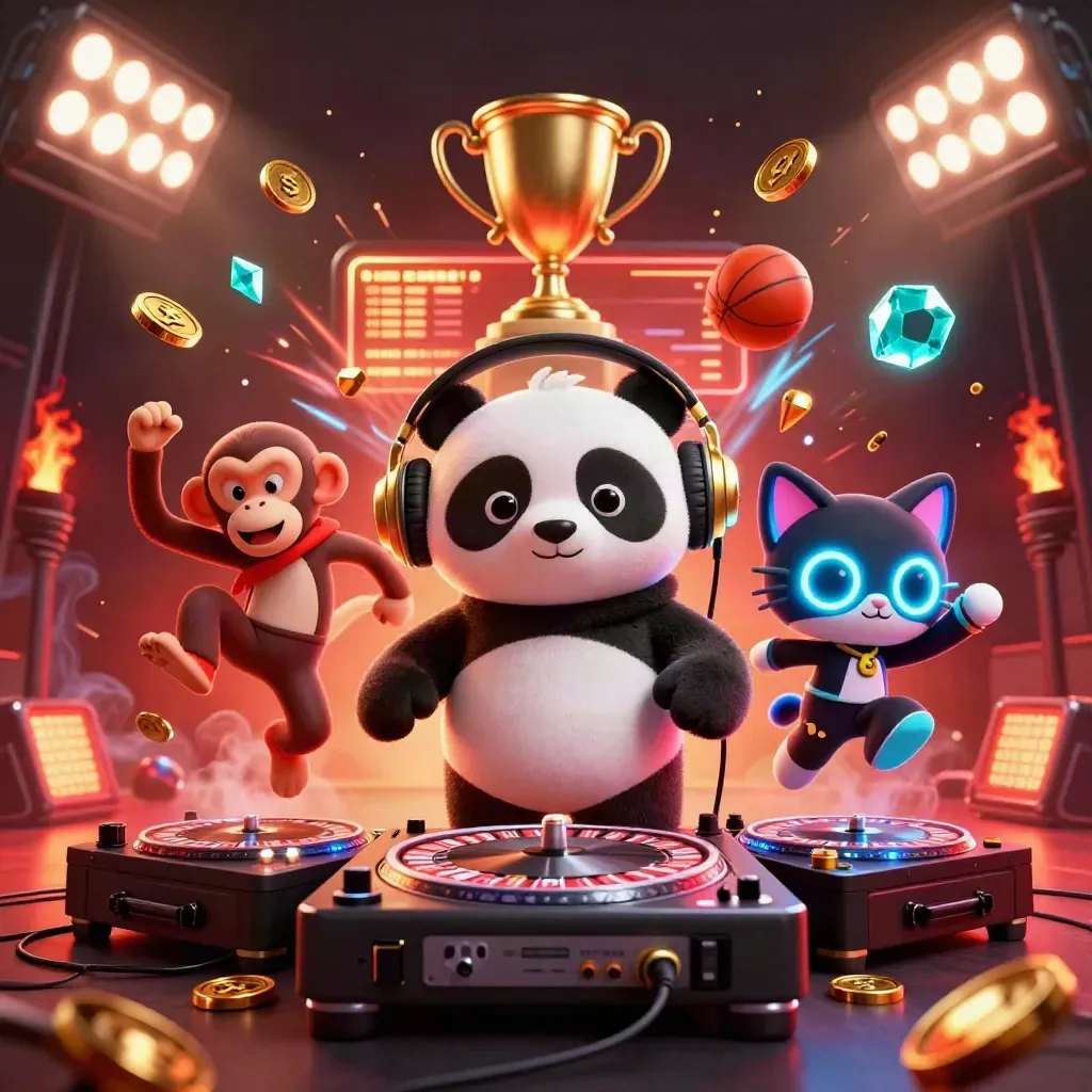 DJ panda, breakdancing monkey, and rave kitten amid neon casino sports chaos