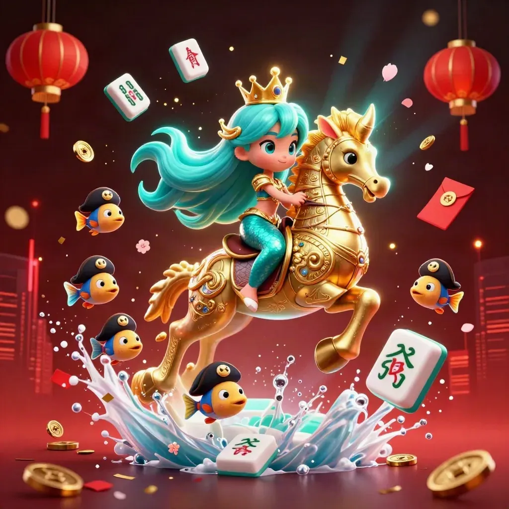 Mermaid princess on armored seahorse amid pirate fish, mahjong tiles, lanterns, coins, and neon glow