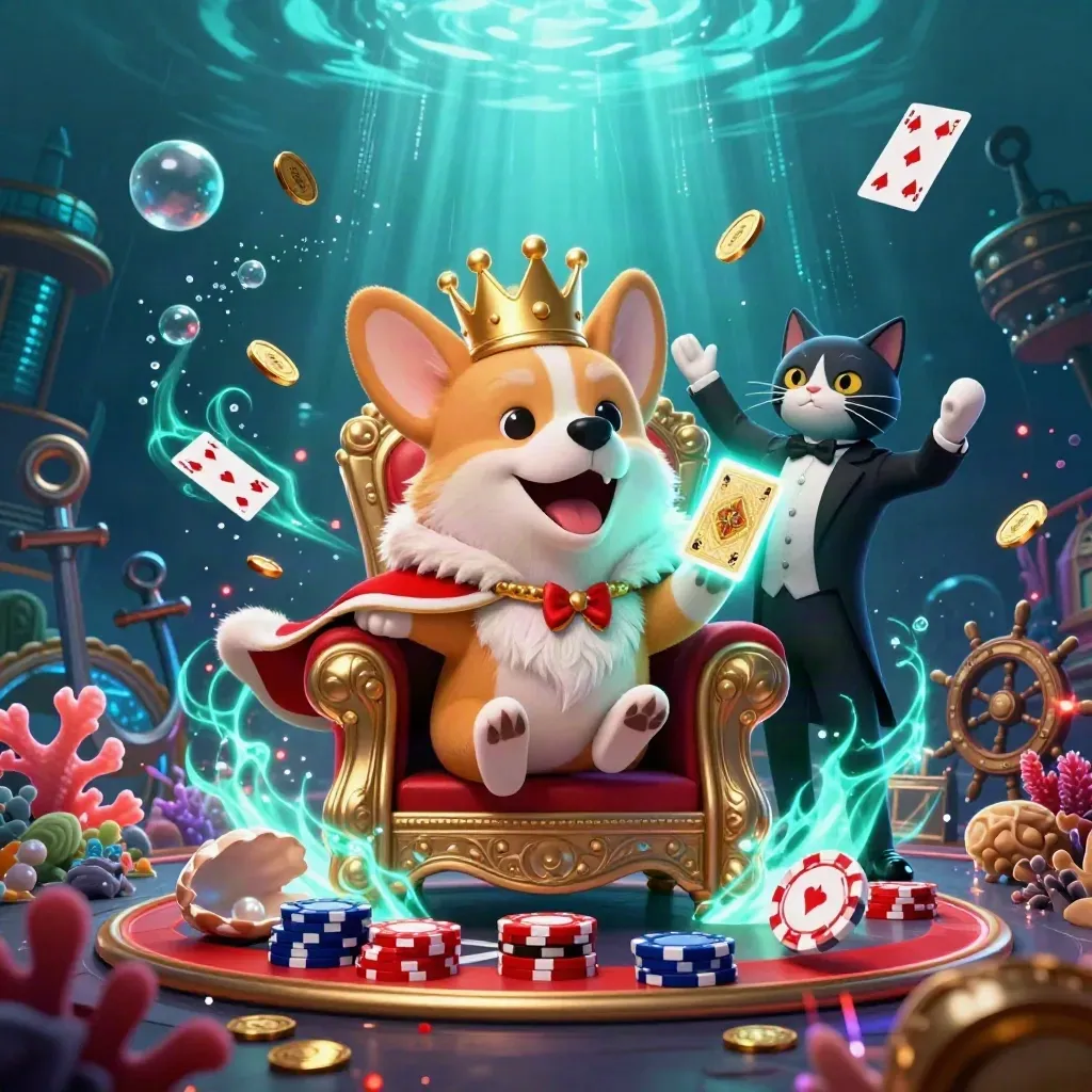 Royal corgi and cat butler amid underwater treasure, coins, coral, cards, and neon cyan energy