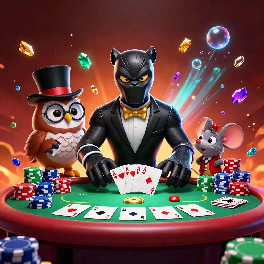 Panther, owl and mouse team up over a neon poker table with chips, aces and glowing casino effects.