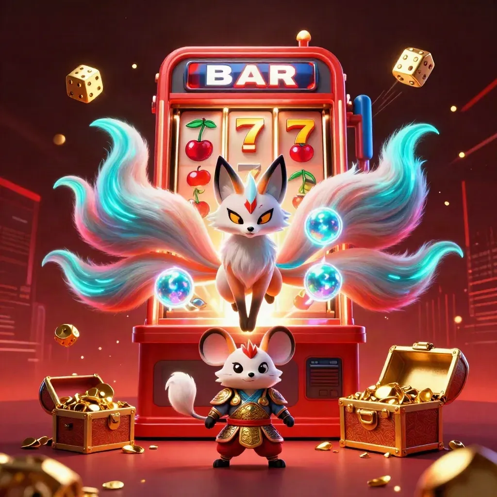 Fox spirit and armored mouse amid bursting slots, gems, and neon casino energy.