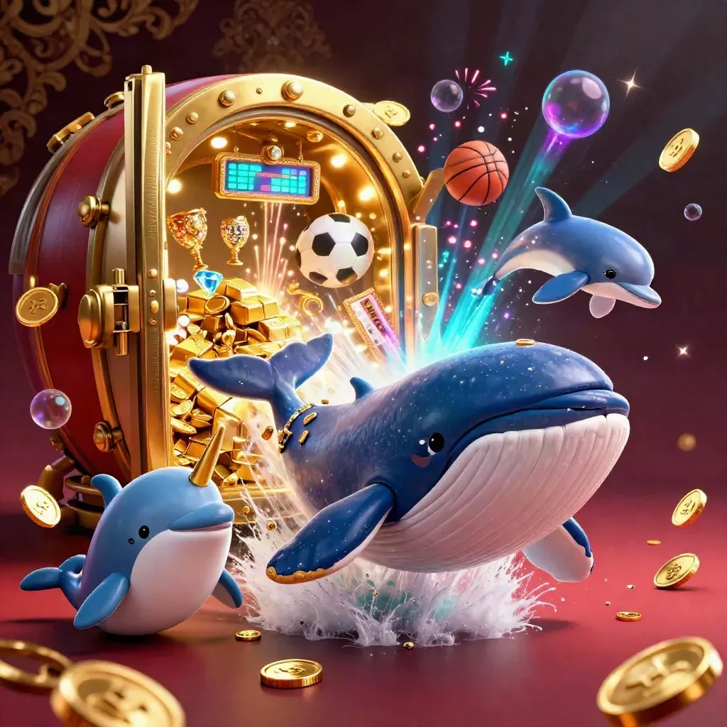 Whale captain, narwhal and dolphins burst from a coin vault with gems, sports balls and neon glow.