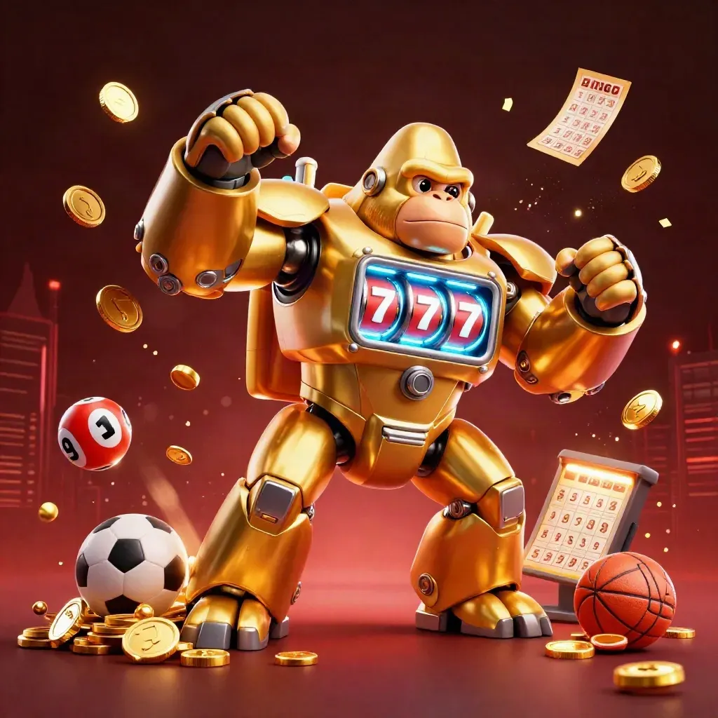 Golden slot-mech gorilla with tiny pilot, blasting coins, balls, wheel and tickets in a dark neon casino.