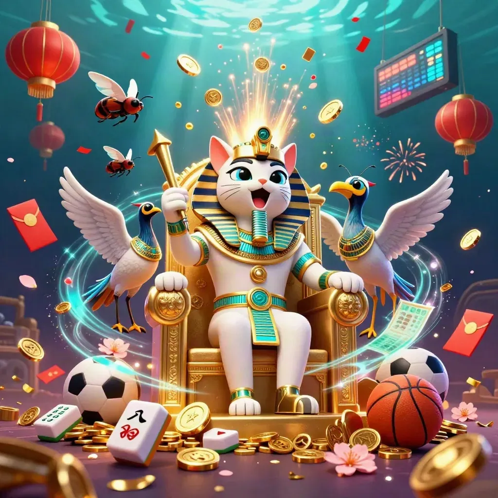 Pharaoh cat, ibis scribe, and scarab beetles amid coins, fireworks, and casino-game symbols.
