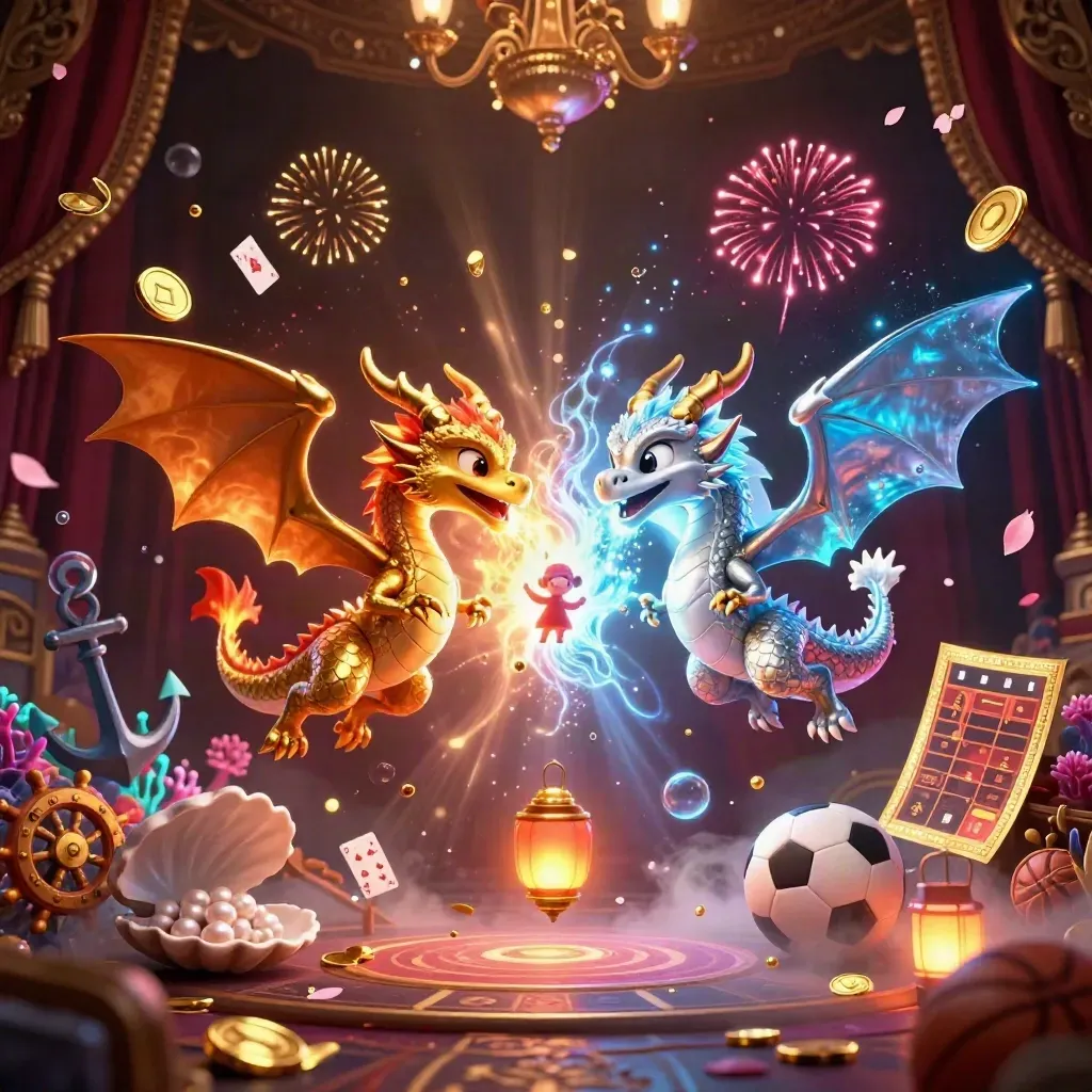 Twin gold and silver dragons swirl around a coin burst in a dark treasure cove.