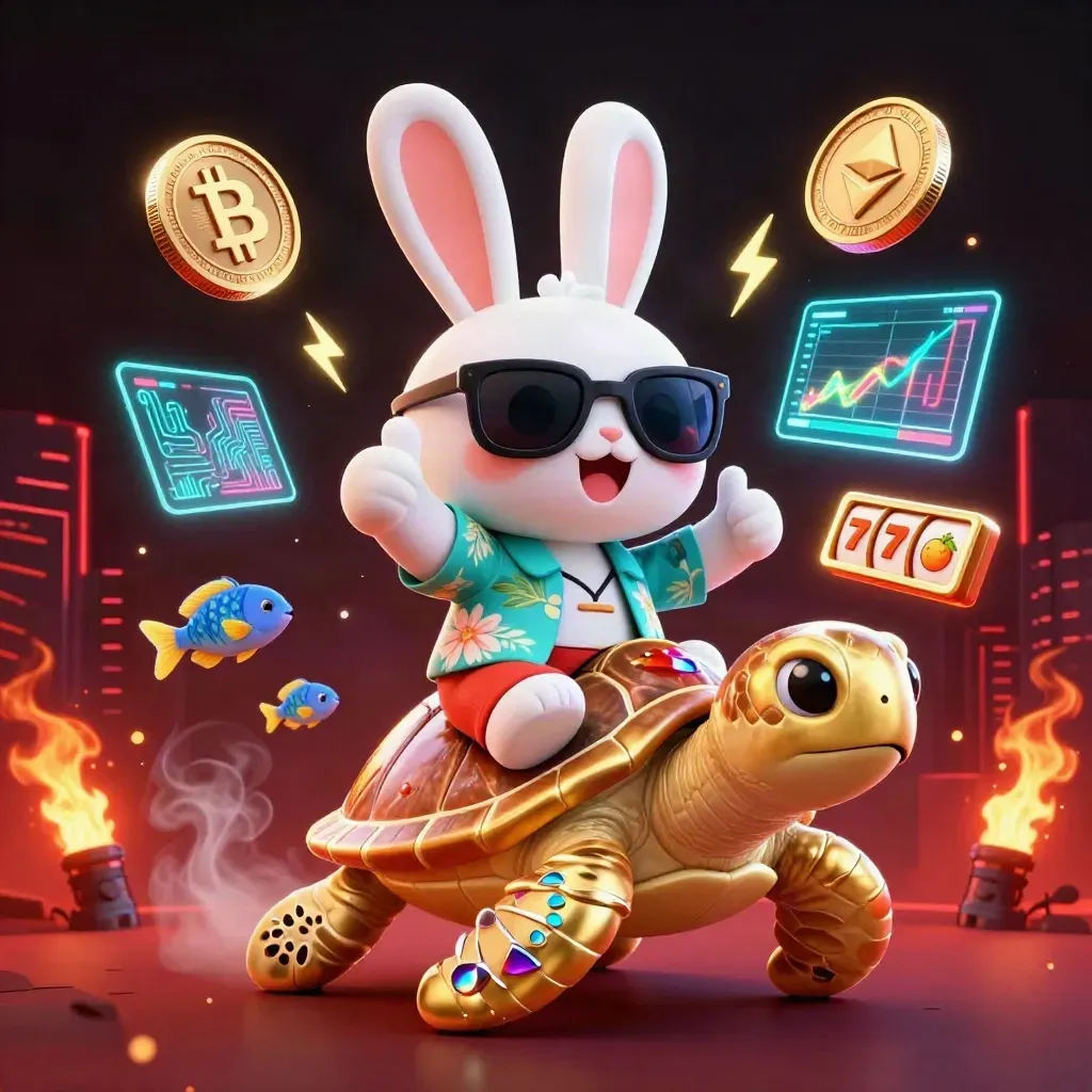 Lucky rabbit on a golden turtle amid neon coins, lightning, and slot symbols in a dark casino sky.