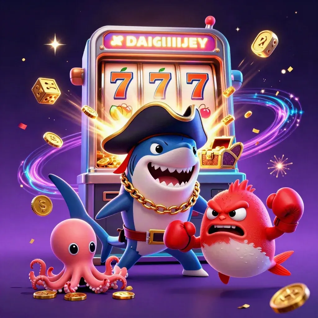 Shark pirate, red pufferfish, and coin-juggling octopus amid slot machine jackpots.