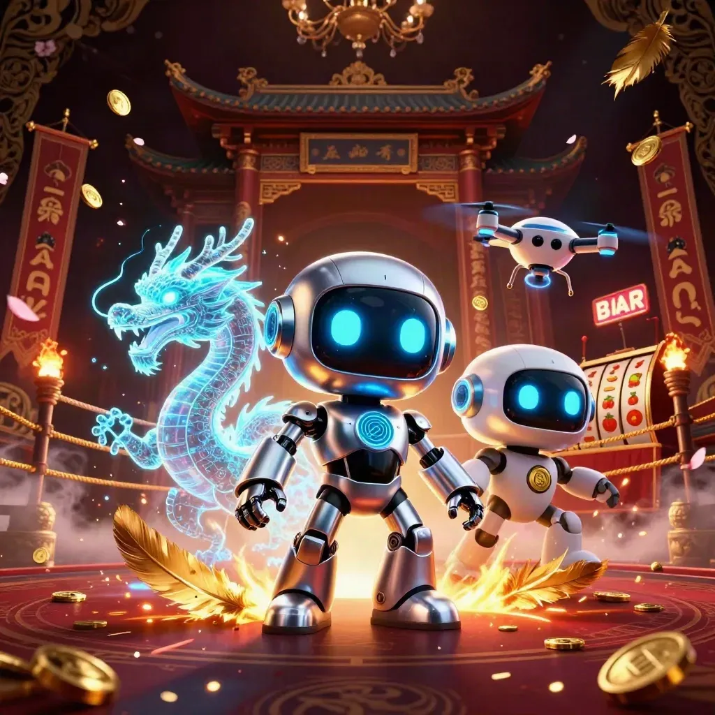 Chrome robot, holographic dragon and coin drone amid casino effects and temple gate