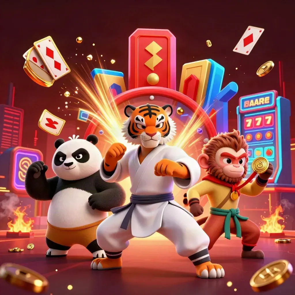 Tiger, panda, and monkey casino mascots with chips, cards, roulette wheel, cyan glow.