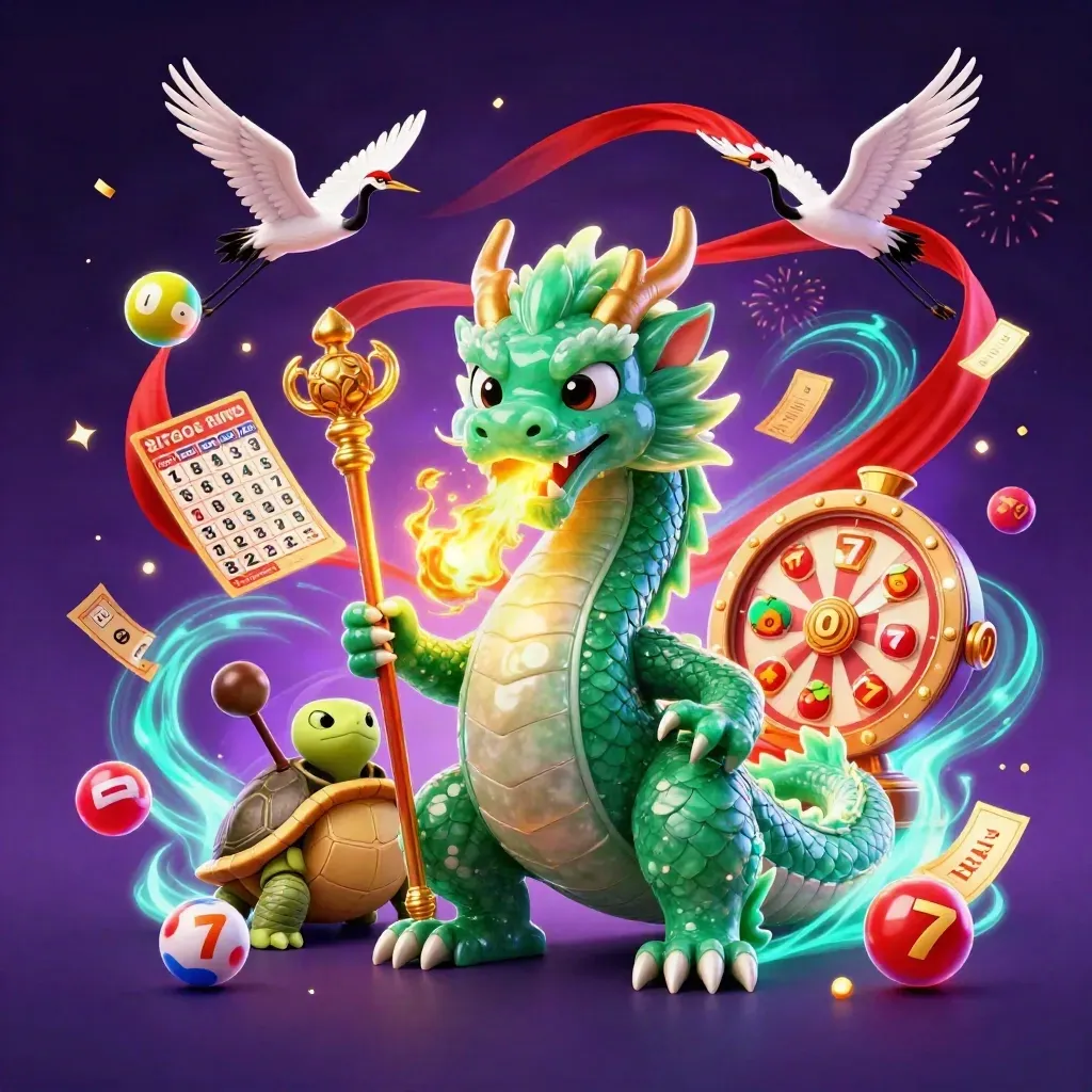 Emerald dragon, turtle sage, and cranes amid casino prizes and neon magic