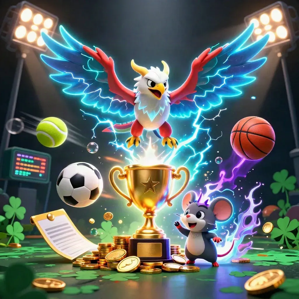Thunder dragon, hawk, and mouse orbit a golden trophy with sports balls and neon casino glow.