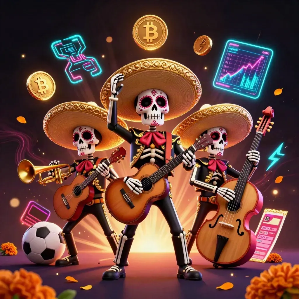 Three skeleton mariachi musicians surrounded by glowing coins, sports items, and neon effects
