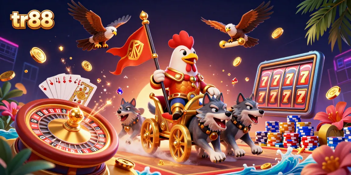 Experience the thrill of tr88 with a cartoon rooster warlord leading a golden chariot, embodying excitement in digital gaming.