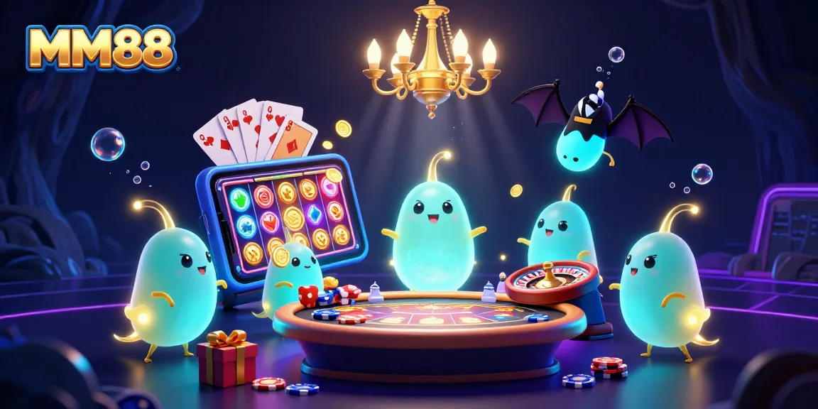 Engage with MM88's vibrant cave casino filled with glowworms and animated gaming action.