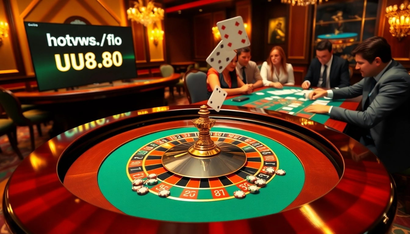 Experience the excitement of https://uu88.bio/ with a luxurious casino scene showcasing roulette and poker enthusiasts.