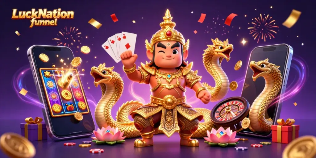 Engage in thrilling gameplay with the LuckNation funnel featuring animated casino elements.