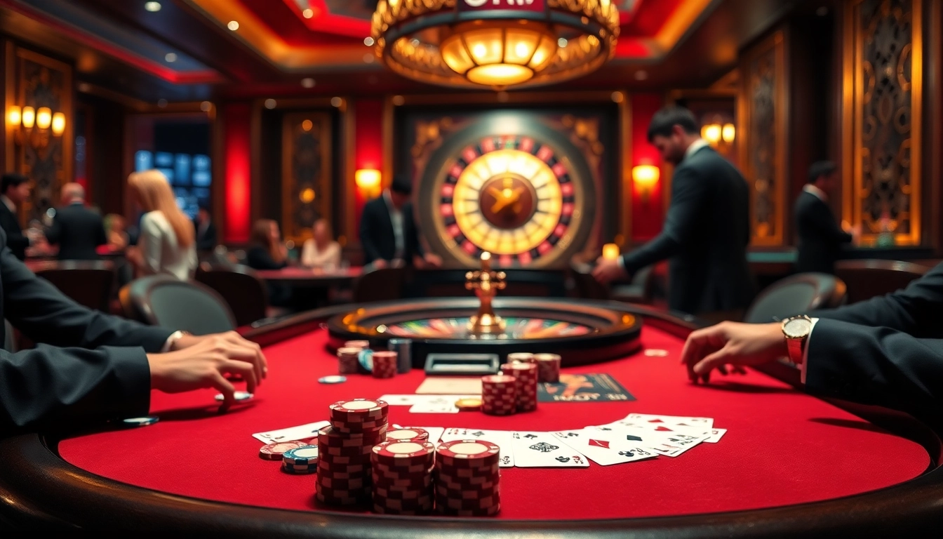 Play poker at open88 with a vibrant scene of chips and cards in a luxurious casino