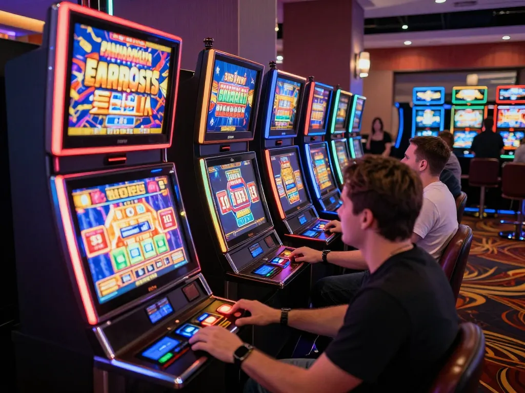 Players engaging with colorful slot machines at the hitclub casino, showcasing a lively gaming atmosphere with excitement.