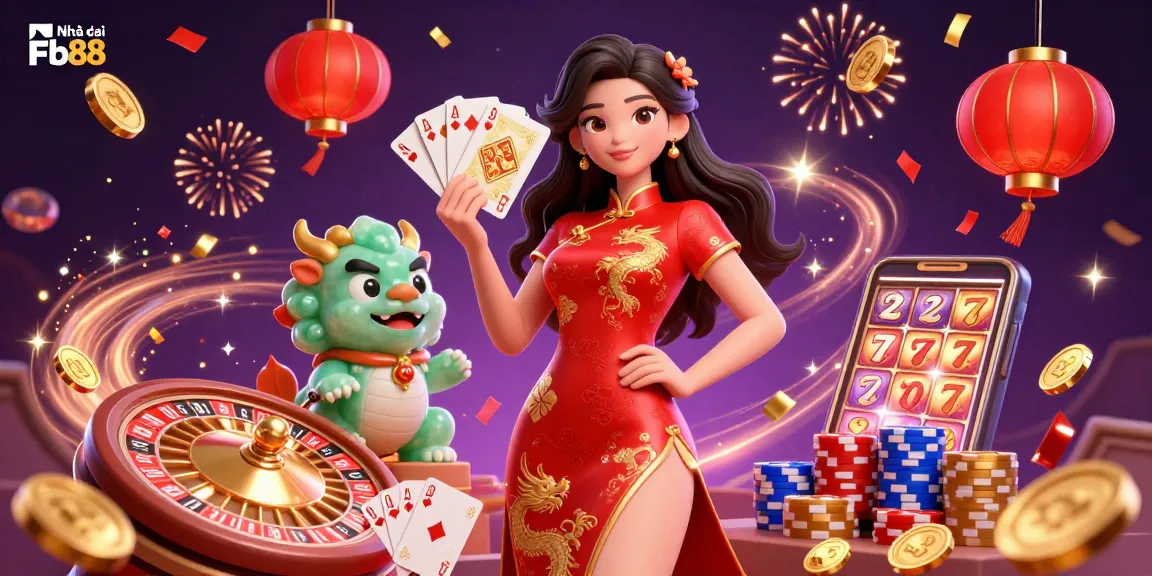 The dynamic scene from Nhà cái Fb88 showcases vibrant casino elements with an elegant lady, golden coins, and sparkling gems.