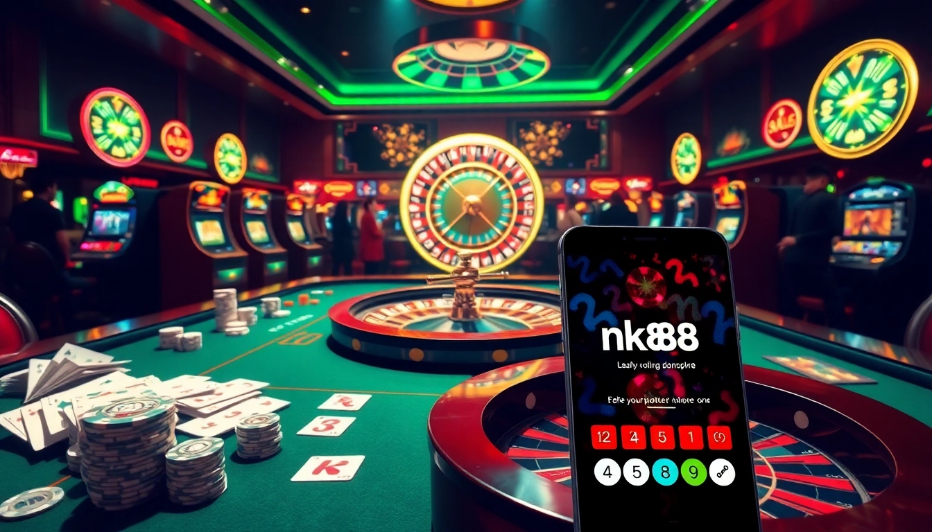Exciting casino action featuring nk88 slots and dynamic poker games, showcasing high-stakes gambling.