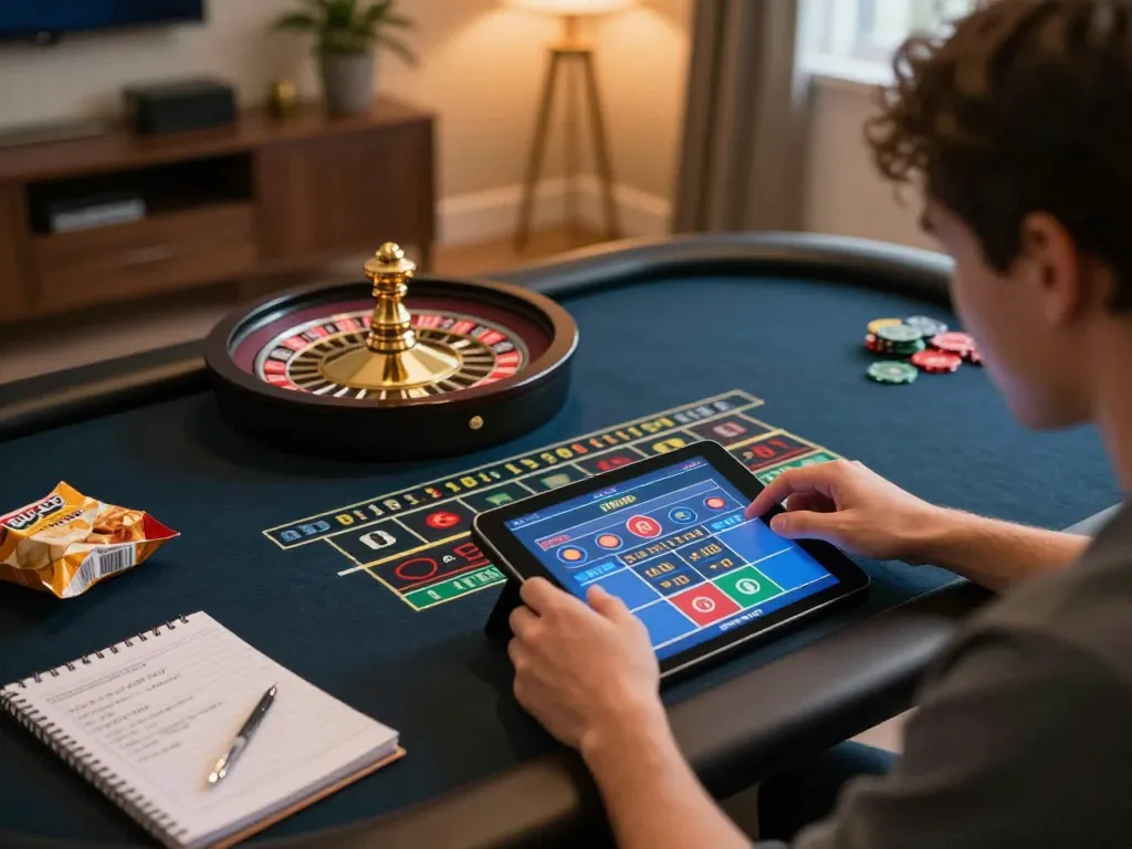 Player strategizing in an online casino game on a tablet, reflecting excitement for 33WIM.