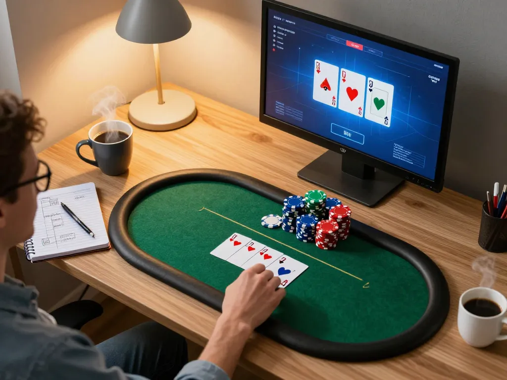 Engaging in an online poker game at https://7m.us.com/ with a cozy setup featuring vibrant chips and strategic notes.