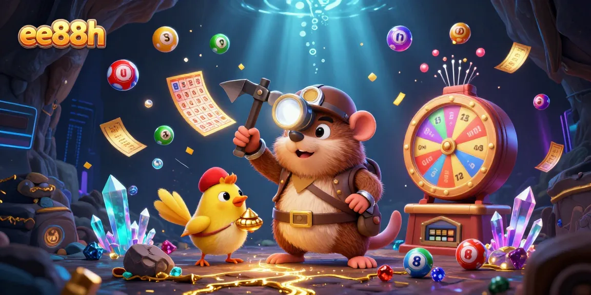 Experience thrilling action in ee88h with a dynamic scene of a treasure hunter mole and a canary surrounded by colorful lottery elements.