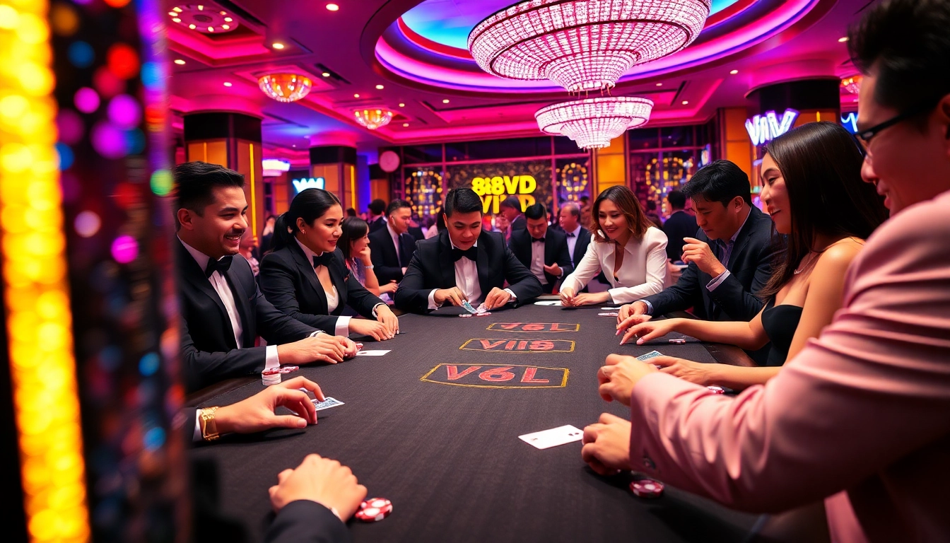 Excited players engaging in poker at an 888VND VIP casino table, vibrant colors and atmosphere.