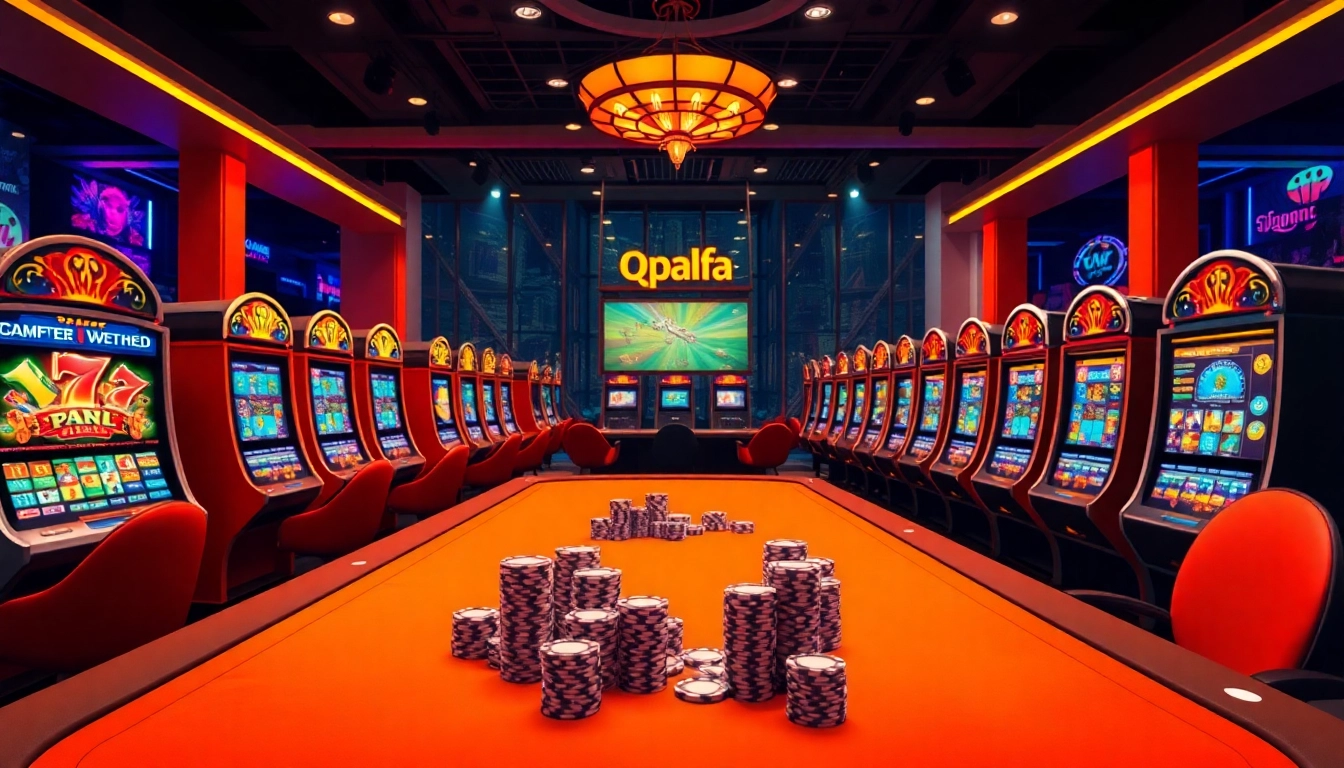 Engage with the thrilling atmosphere of qqalfa as players celebrate wins at a vibrant casino setup featuring slot machines.