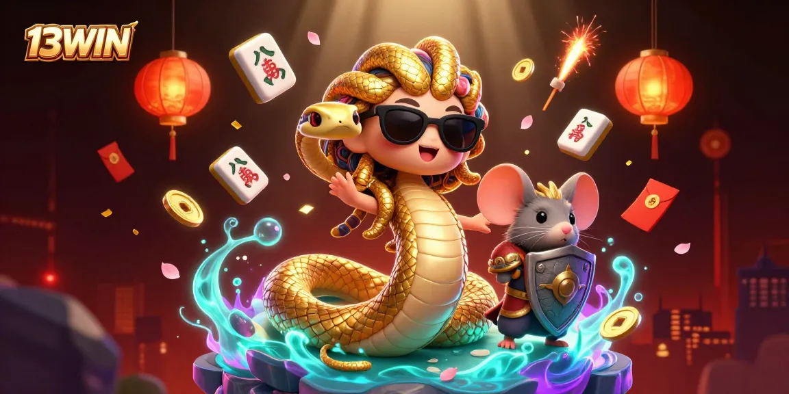 Experience the vibrant excitement of 13WIN with a dynamic casino-themed 3D illustration featuring mythological characters.