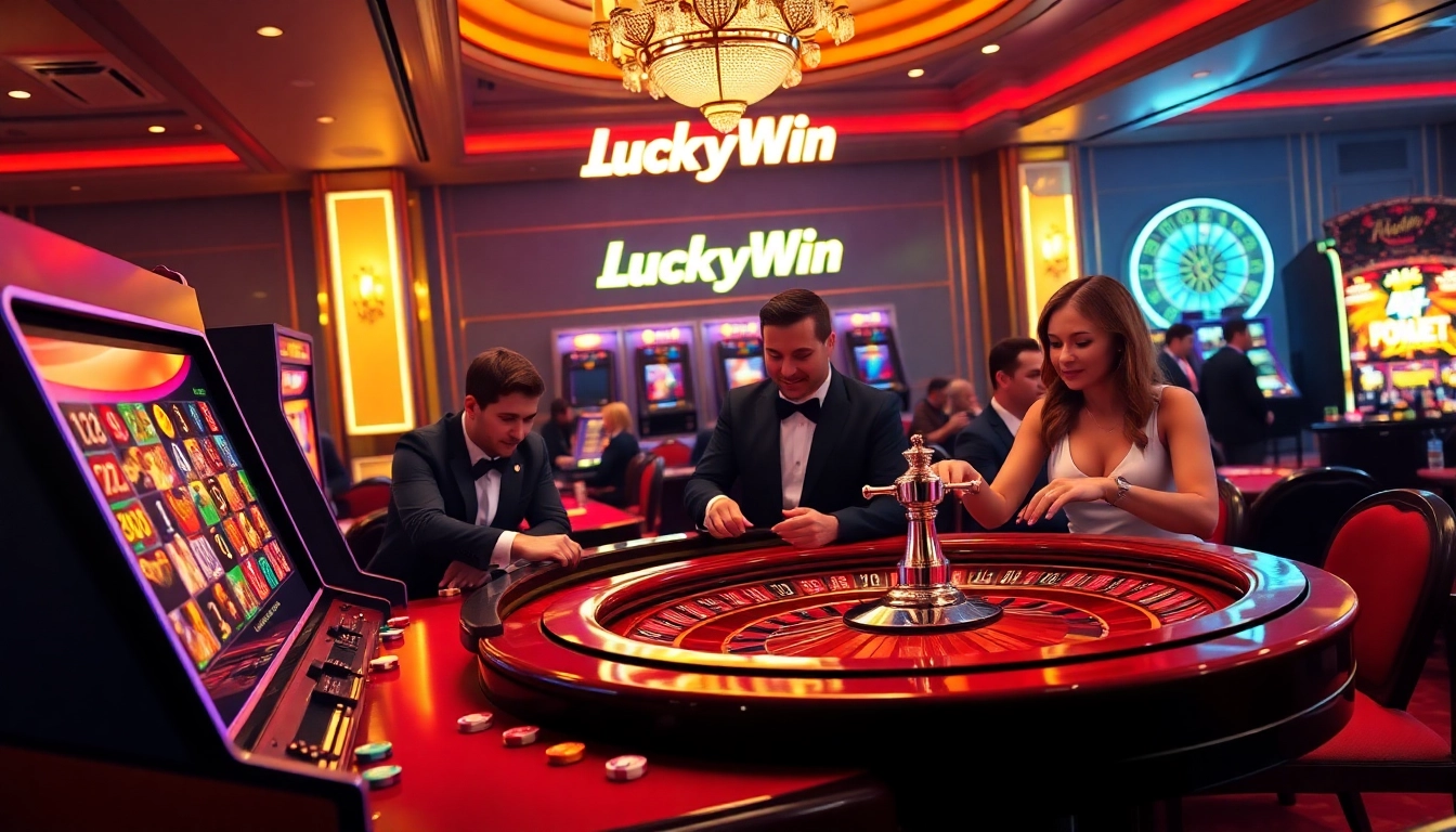 Experience the thrill of winning at LuckyWin with vibrant slot machines and excited gamblers at the roulette table.