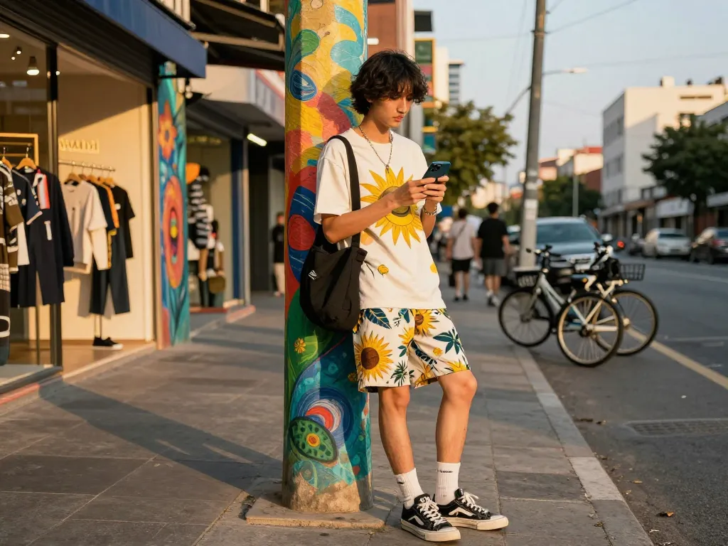 Dynamic urban fashion moment featuring a stylish individual in sunwin attire.