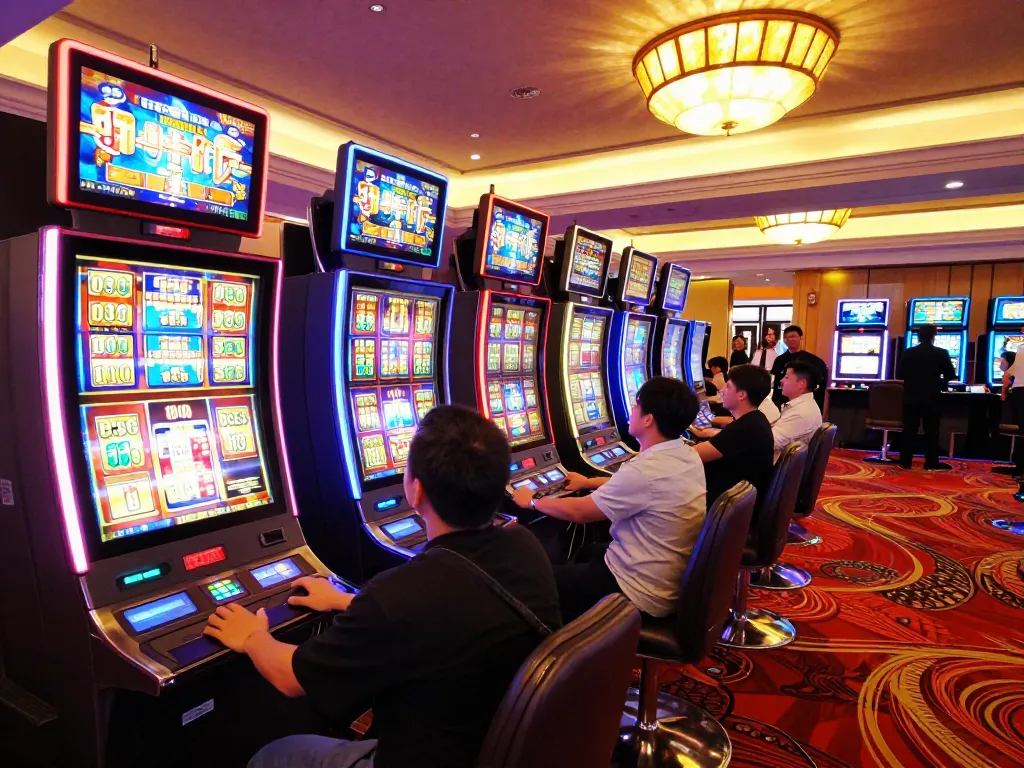 Players experiencing the excitement of qh88go at vibrant slot machines in a luxurious casino.