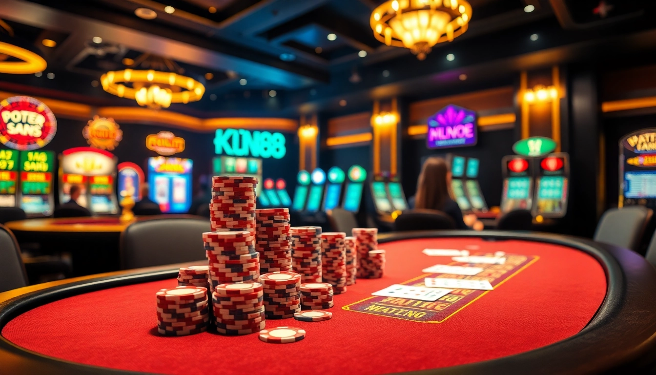 KJC MM88 promotes an exciting casino experience with vibrant poker tables and betting slips.