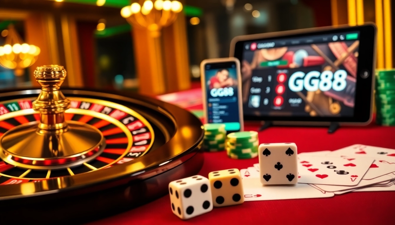 Exciting gaming scene featuring GG888.info roulette, poker cards, and vibrant casino atmosphere.