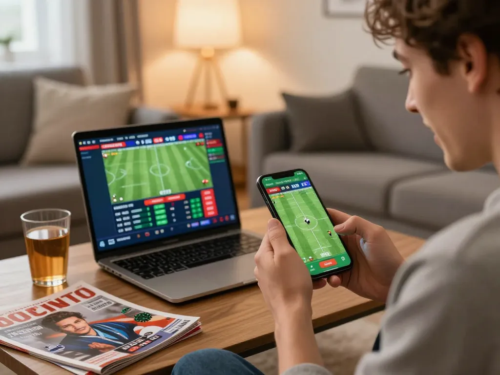 Bongdalu user excitedly placing a sports bet in cozy living room setting.