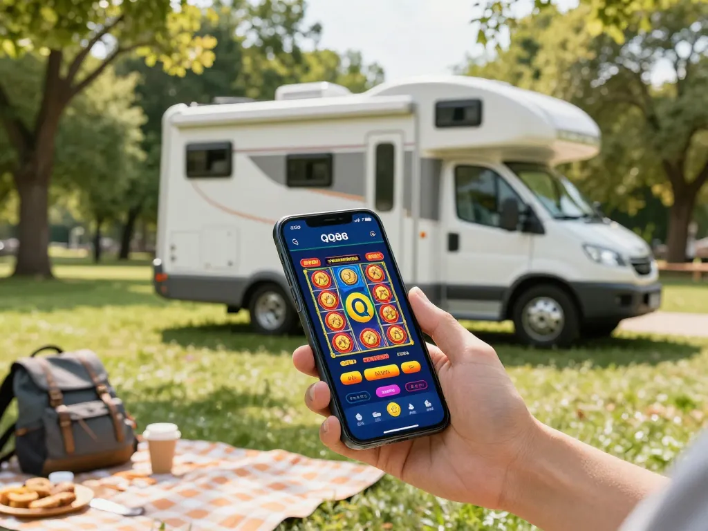 Player enjoying mobile gambling with the QQ88 app under a beautiful tree in a park