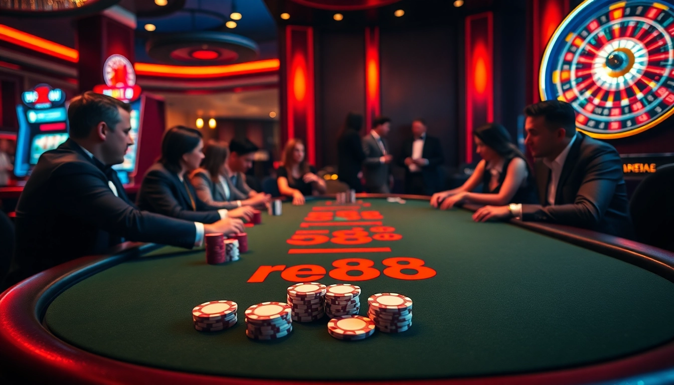 Players enjoying an exciting poker game at red88 casino, featuring vibrant tables and glamorous ambiance.