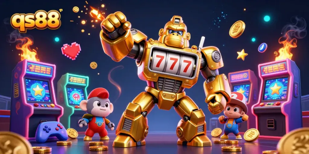 Experience thrilling gameplay at qs88 with a vibrant 3D casino illustration featuring a golden mech and arcade elements.
