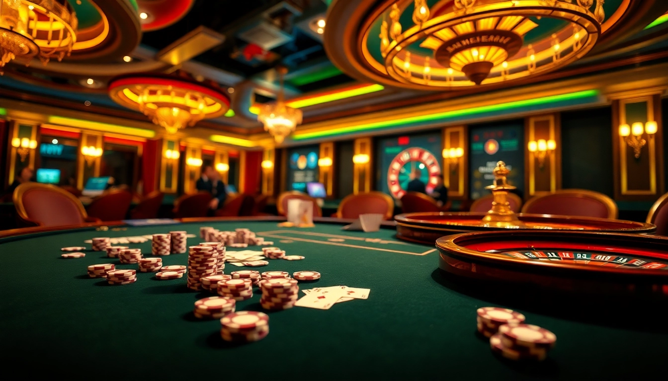 Players enjoying live dealer games at NOHU90's luxurious casino with poker chips and a roulette wheel.