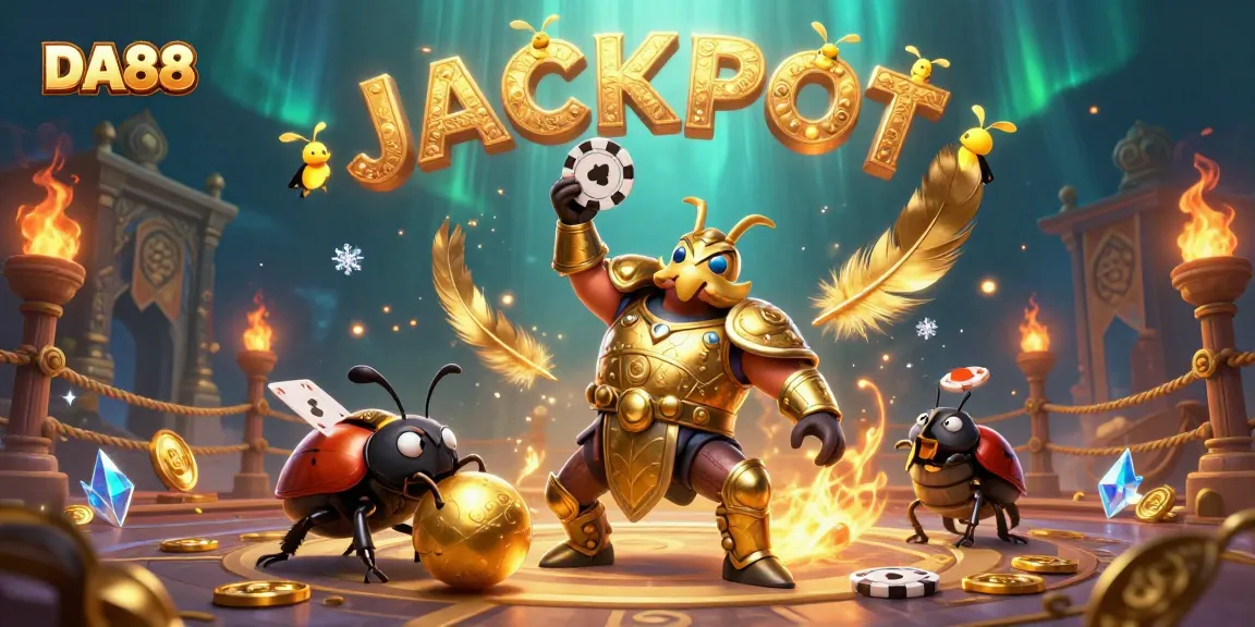 DA88 gaming illustration featuring a victorious beetle with poker chip, vibrant casino elements.